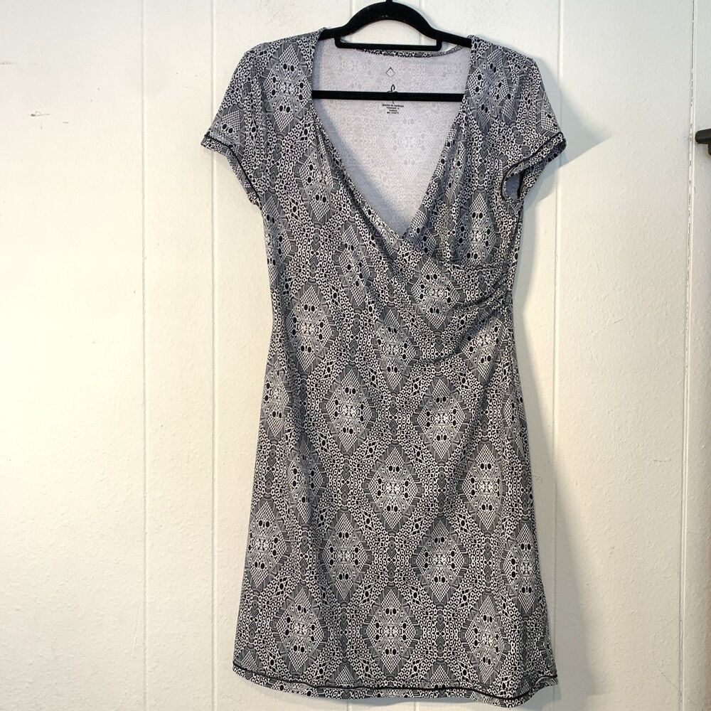 Prana Womens Large Victoria Faux‎ Wrap Dress Short Sleeve Geometric Black